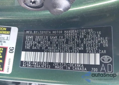 2016 Toyota Corolla Le z USA, uszkodzony, nr VIN 2T1BURHEXGC591293